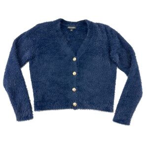 Banana Republic navy fuzzy cardigan Womens Small gold military buttons vneck